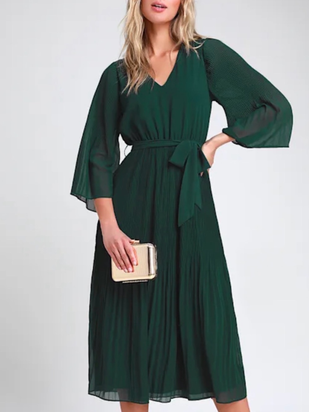 Wedding Guest Emerald Green Dress Garden Party Chiffon Bell Sleeve Belted Midi S